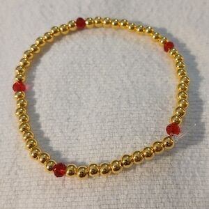 NWT Handcraftef Elegant 8" Gold and Small Ruby Red (July), Beaded Bracelet.